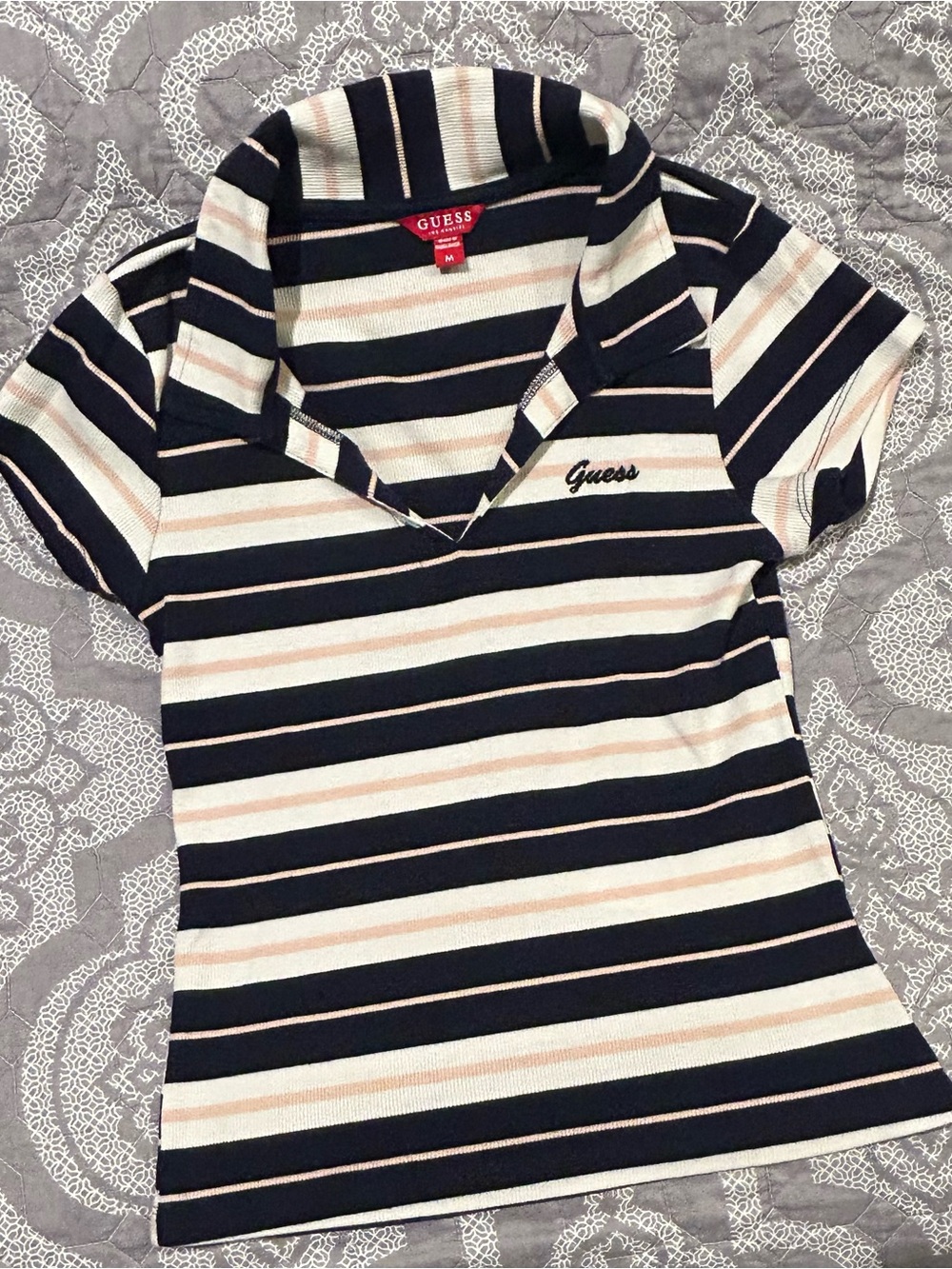 GUESS Navy, Cream and Light Pink Striped Ribbed Short Sleeve Polo